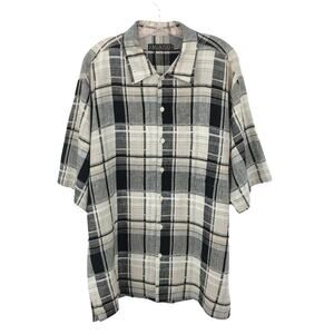 Bagazio Men's Linen Shirt XL Plaid Black & Cream Short Sleeve Button Up Front